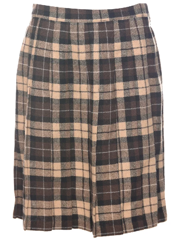 Checked Pleated Skirt - M zip skirt side