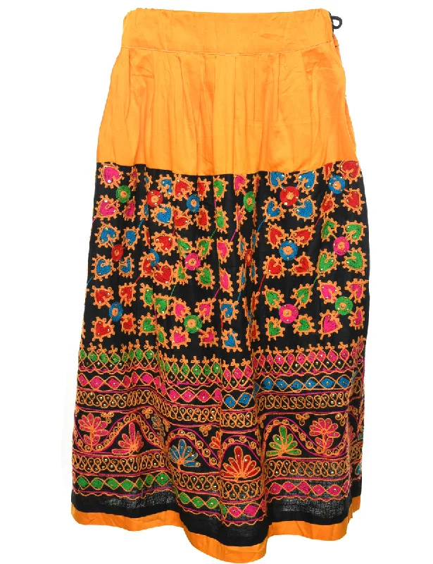 Embroidered Midi Skirt - M linen skirt natural