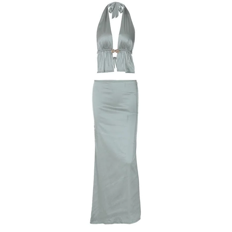 Halter metal button satin backless maxi skirt set vintage skirt charm