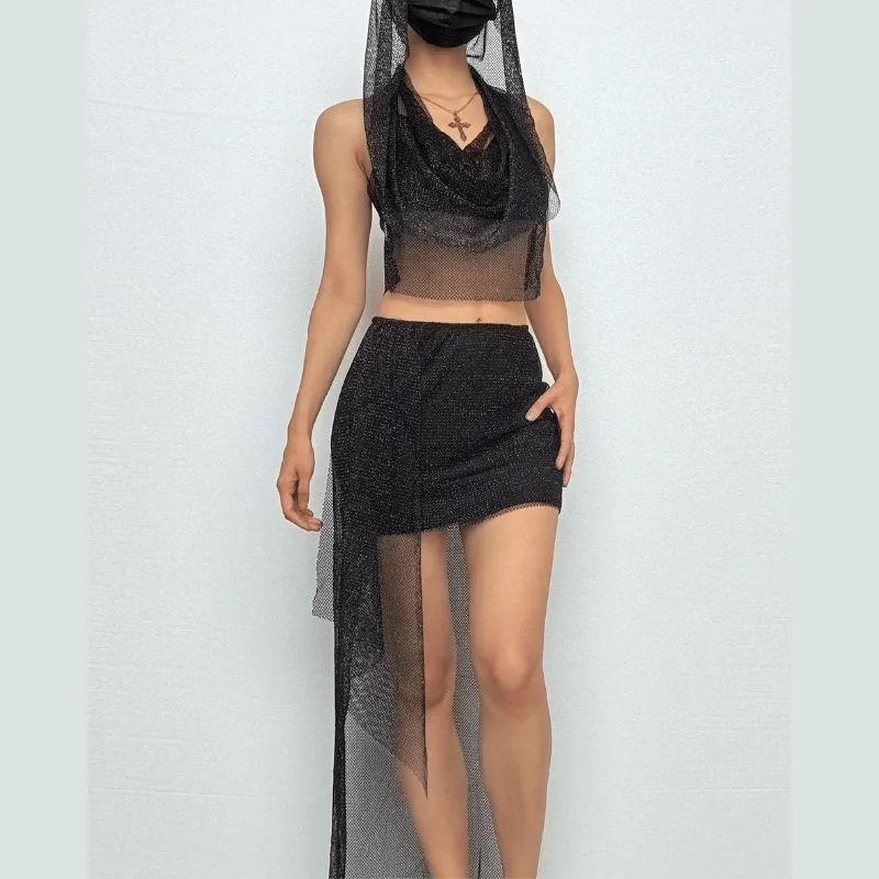 Hoodie halter mesh glitter 2 piece mini skirt set- Final Sale leather skirt modern