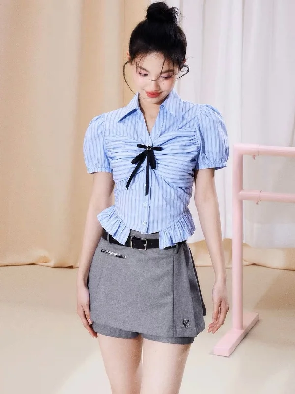 Jennie Blue Stripe Short Sleeve Bow Silver Brooch Button Up Top + Solid Color High Waist Pleated Mini Skirt Cute Matching Set boho skirt vibe