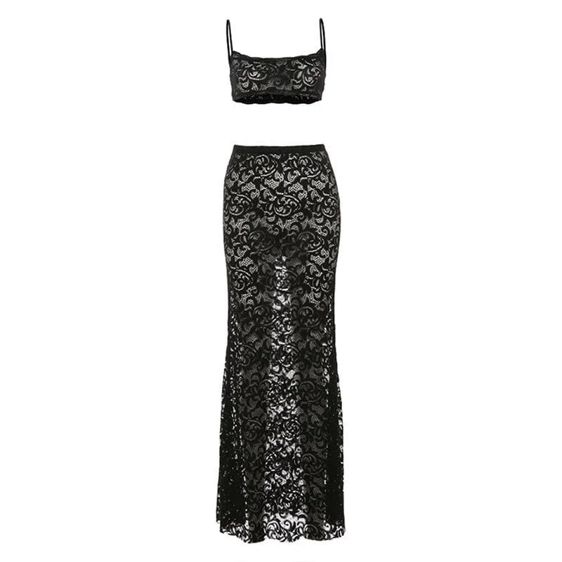 Lace see through u neck backless cami maxi skirt set slim fit skirt