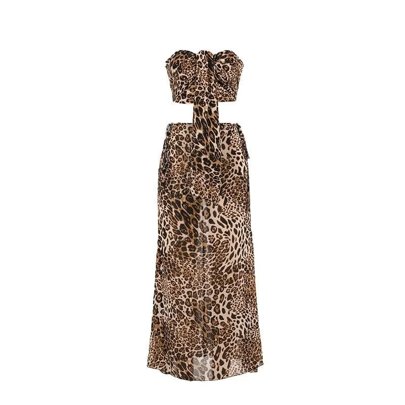 Leopard print knotted self tie tube maxi skirt set linen skirt natural