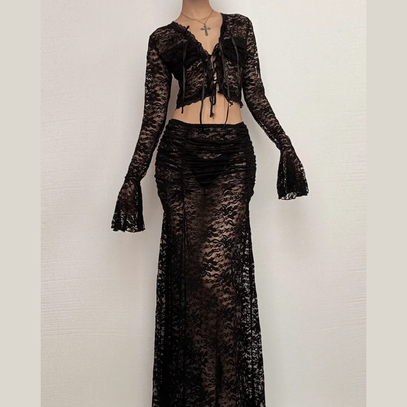 Long flared sleeve lace see through maxi skirt set high slit skirt