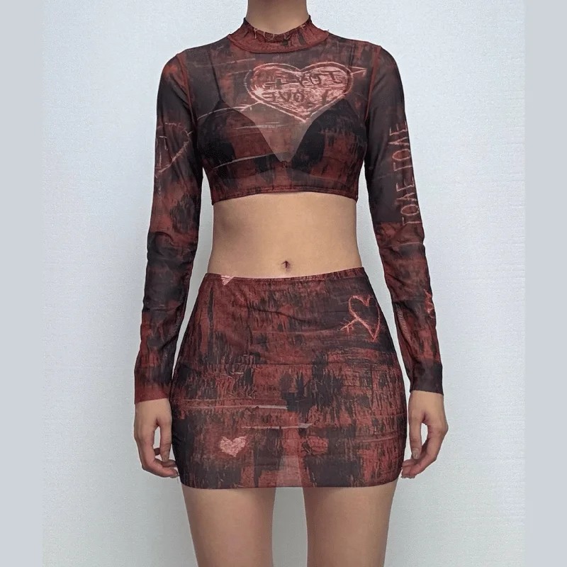 Long sleeve high neck print sheer mesh crop mini skirt set cashmere skirt plush