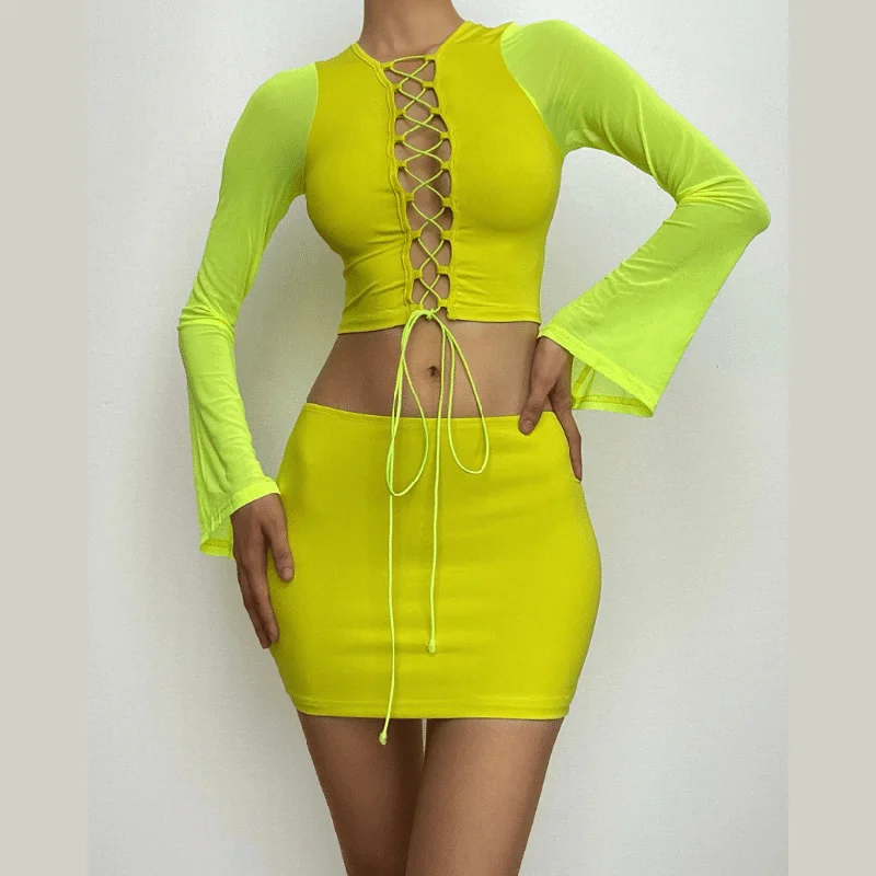 Long sleeve hollow out lace up mesh mini skirt set belted skirt waist