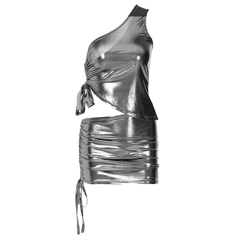 Metallic drawstring irregular one shoulder mini skirt set cotton skirt soft