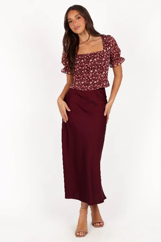 Nellie Satin Midi Skirt - Burgundy denim skirt durable