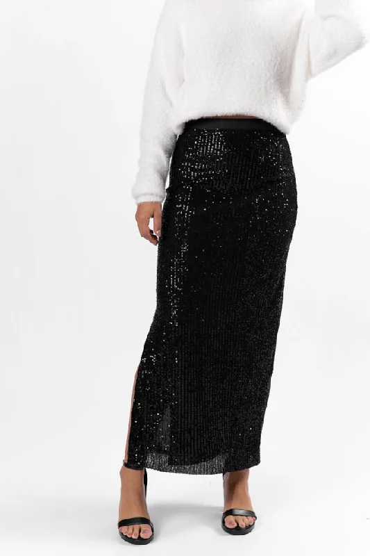 Own The Night Black Sequin Maxi Skirt leather skirt bold