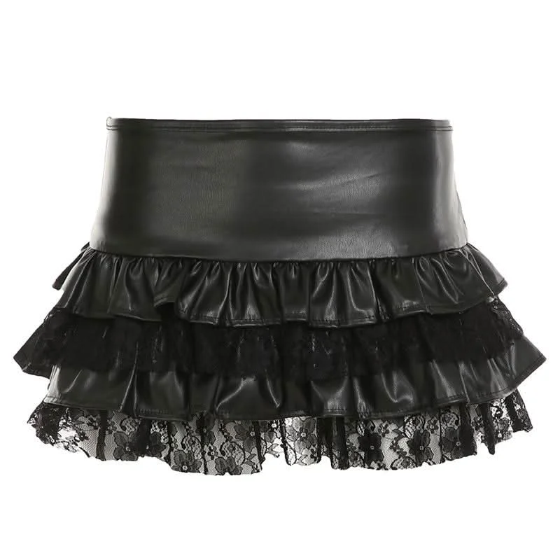 PU leather lace patchwork ruched mini skirt velvet skirt sumptuous