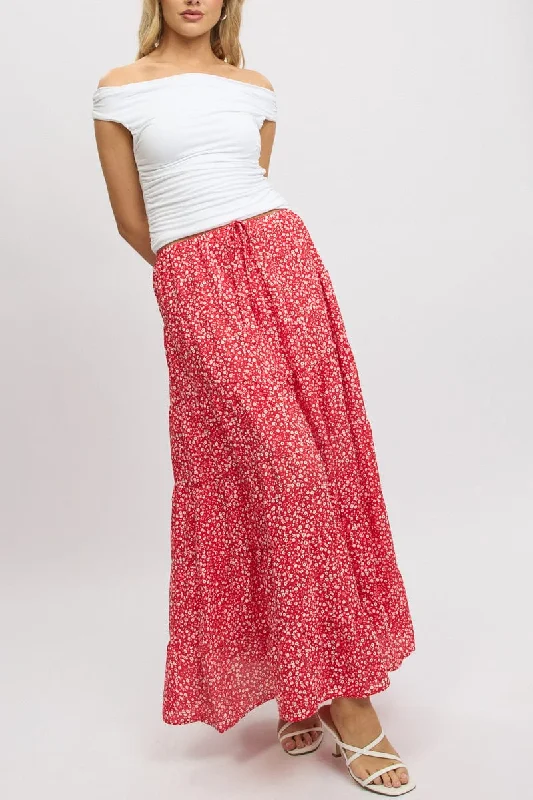 Red Ditsy Maxi Skirt Tiered High Rise breathable skirt fabric