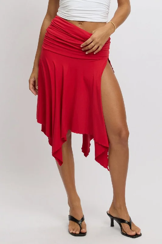 Red Scarf Hem Skirt High Rise Midi Asymm Supersoft low waist skirt