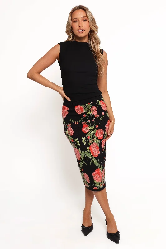 Reeva Knit Skirt - Black Floral linen skirt light