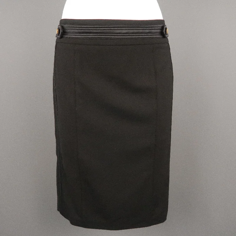 ROBERTO CAVALLI Size 6 Black Satin Trim Gold Button Tab Pencil Skirt boho skirt vibe