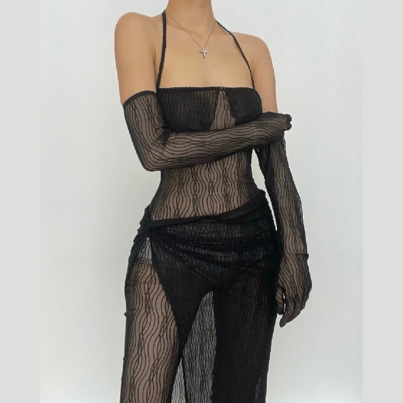 Sheer mesh solid halter self tie gloves backless jumpsuit skirt set cashmere skirt fine