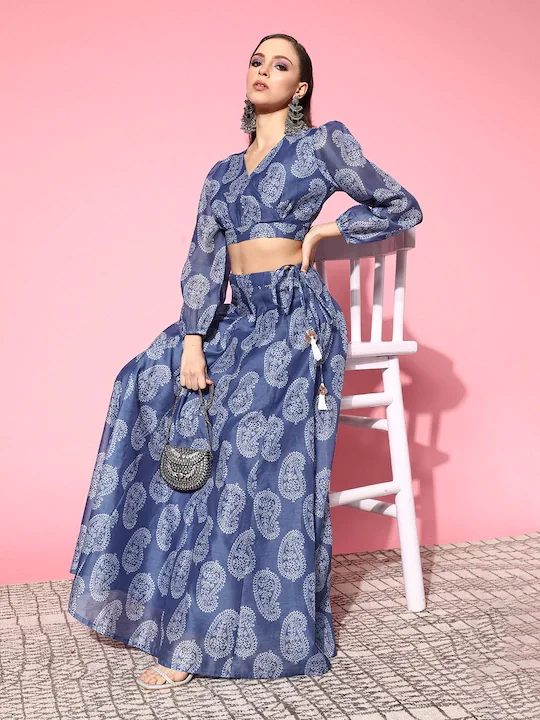 Women Blue Paisley Wrap Crop Top With Aanarkali Skirt mini skirt trendy