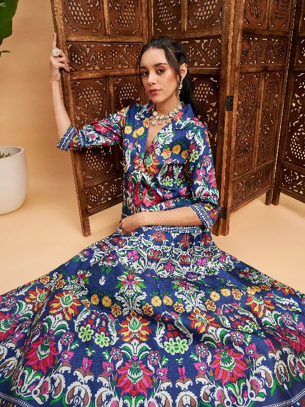 Women Navy Floral Anarkali Skirt With Blazer ruffled skirt detail