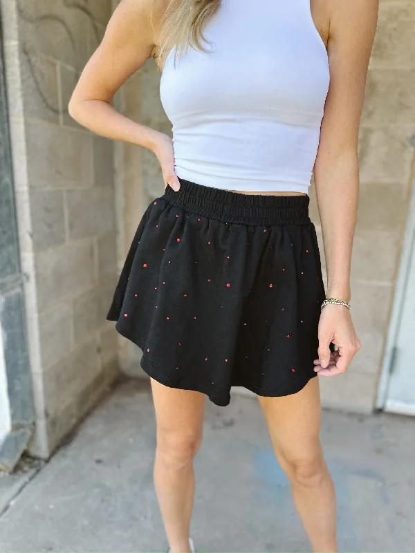 Terry Rhinestone Skirt - Black/Red low waist skirt