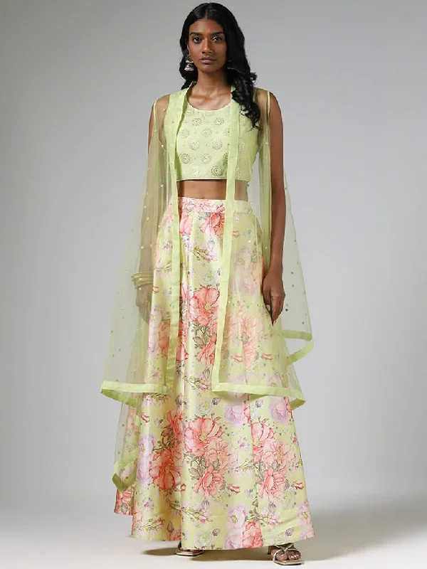 Vark Lime Mirror Work Choli, Jacket and Floral Printed Skirt Set pleated skirt texture