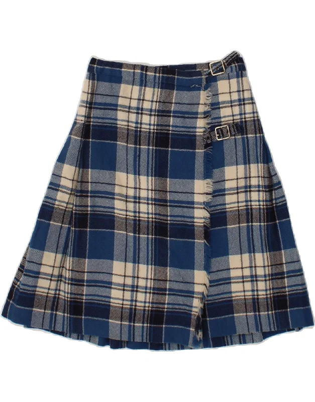 VINTAGE Womens Wrap Skirt W24 XS Navy Blue Plaid Wool linen skirt breathable