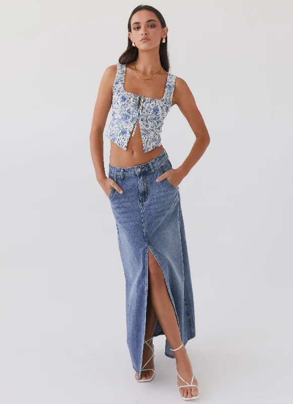 Walk This Way Denim Maxi Skirt - Blue leather skirt refined