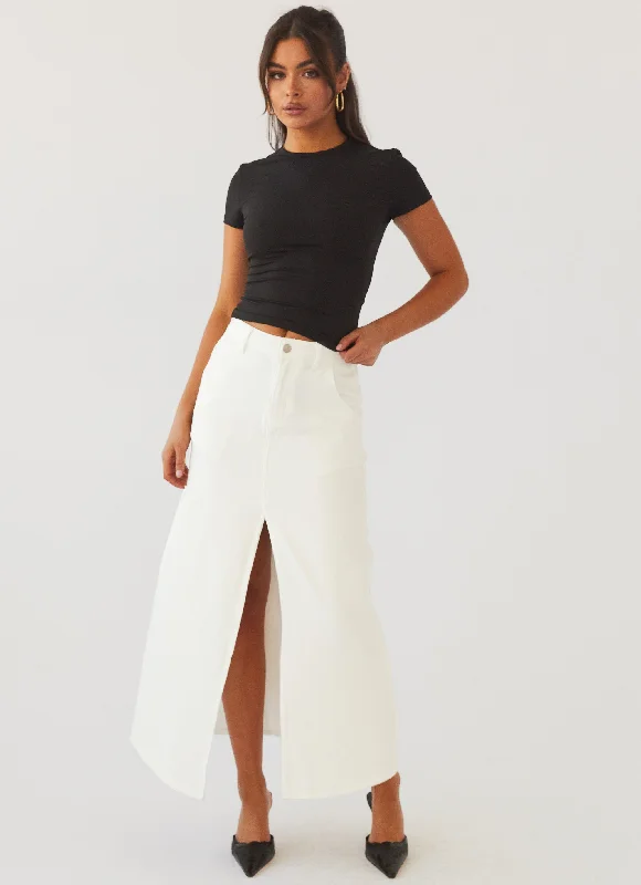 Walk This Way Denim Maxi Skirt - Bone ribbed skirt waist