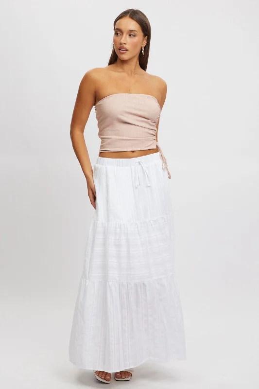 White Tiered Maxi Skirt High Rise Elastic Waist Lined lace skirt intricate