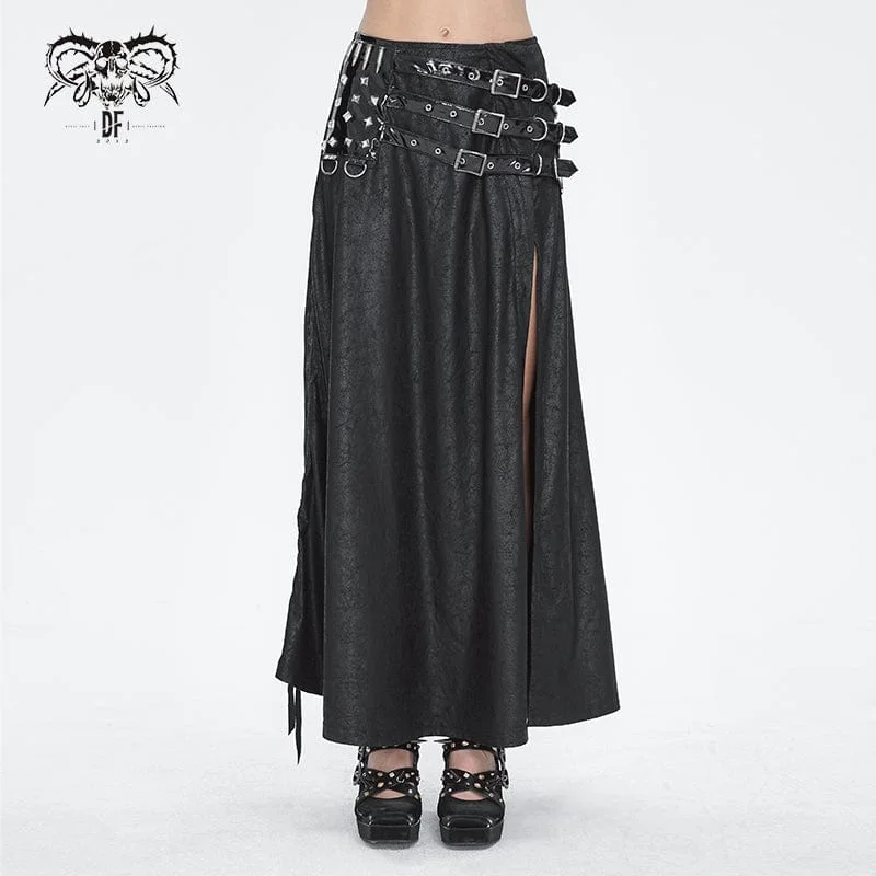 Women's Gothic Buckle Stud Side Slit Long Skirt linen skirt breathable