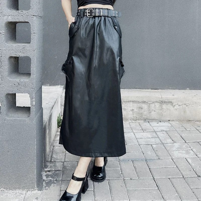 Women's Punk Faux Leather Maxi Skirt silk skirt lustrous