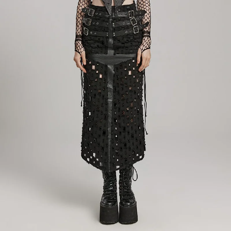 Women's Punk Ripped Buckle Lace-Up Long Skirt zip skirt side