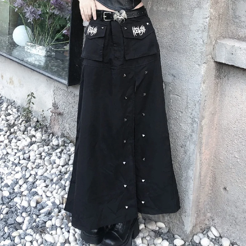 Women's Punk Rivet Slit Maxi Skirt chiffon skirt lightweight