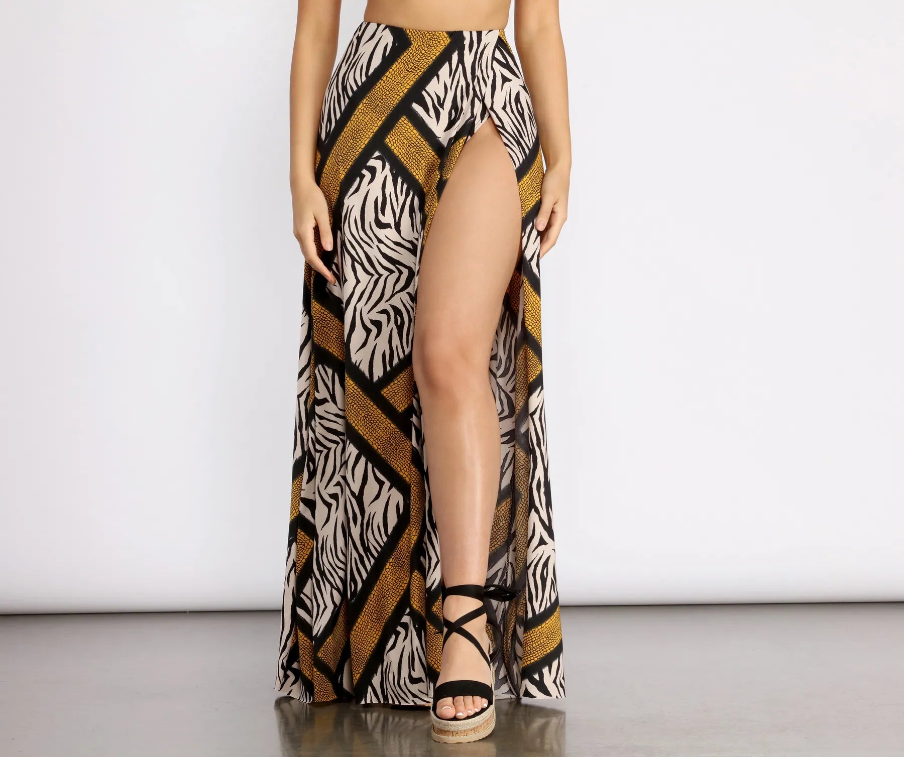 Zebra Print High Slit Maxi Skirt chiffon skirt flowing