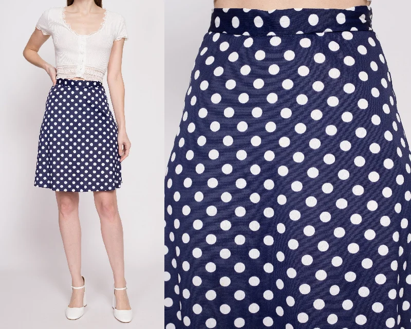 60s 70s Navy Blue Polka Dot Mini Skirt - Extra Small, 25" velvet skirt luxurious