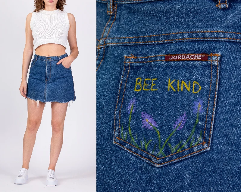 80s Jordache "Bee Kind" Denim Mini Skirt - Medium, 28" silk skirt lustrous