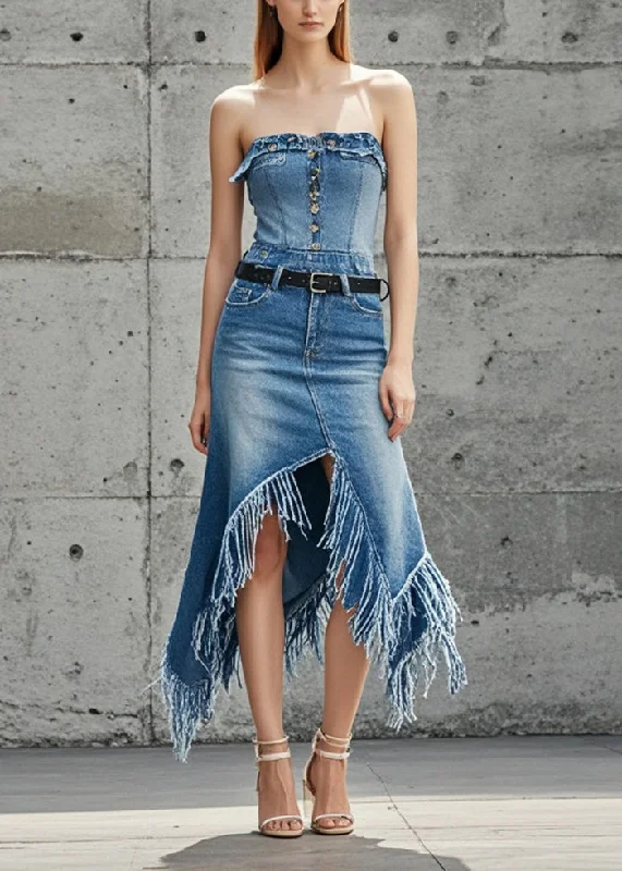 Chic Blue Asymmetrical Patchwork Tasseled Denim Skirts Fall flowy skirt hem