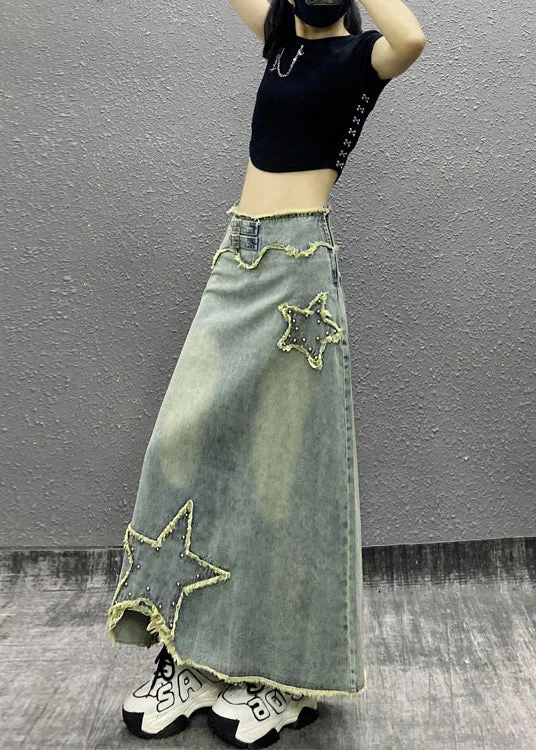 Fashion Blue Tasseled Nail Bead High Waist Denim Skirts Fall leather skirt durable