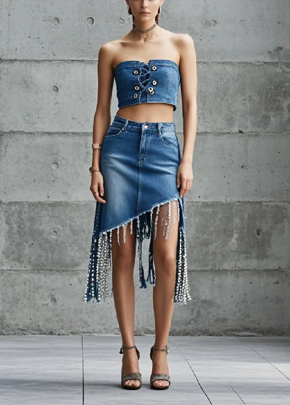 Fine Denim Blue Tasseled Holiday Skirt Summer pencil skirt chic