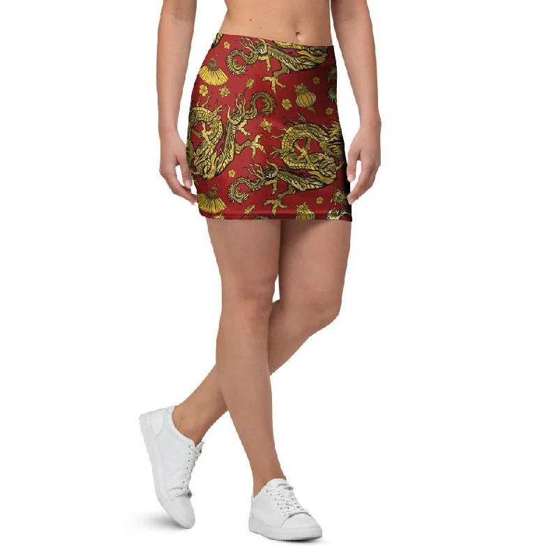 Golden Chinese Dragon Floral Print Mini Skirt wool skirt sturdy