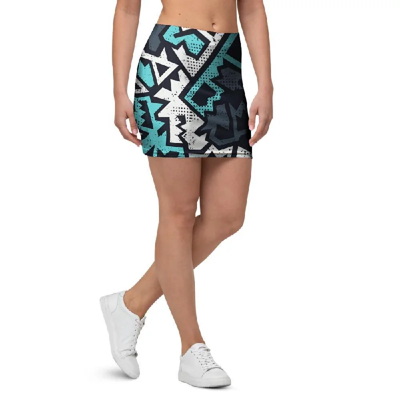 Graffiti Geometric Print Mini Skirt denim skirt casual