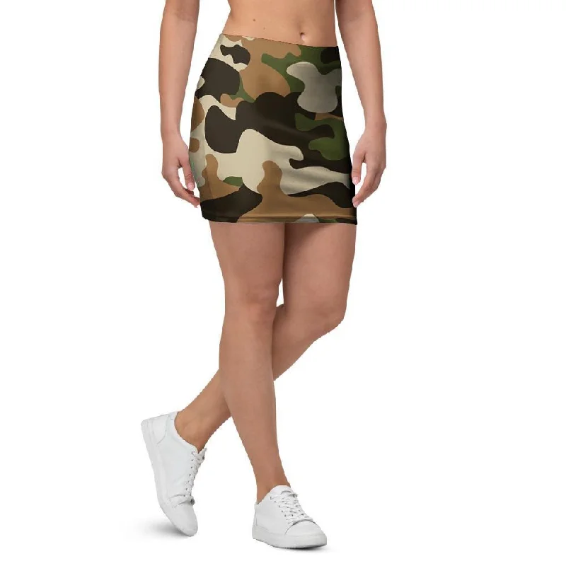 Green And Brown Camouflage Print Mini Skirt leather skirt sleek