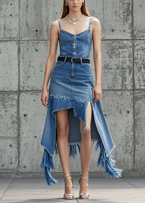 Modern Blue Asymmetrical Tasseled Denim Skirts Fall chiffon skirt airy