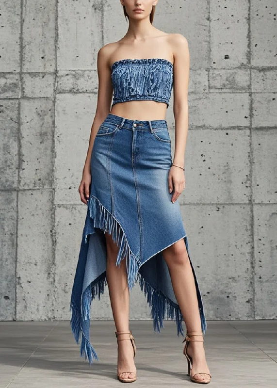Original Design Blue Asymmetrical Tasseled Denim Skirts Fall chiffon skirt delicate