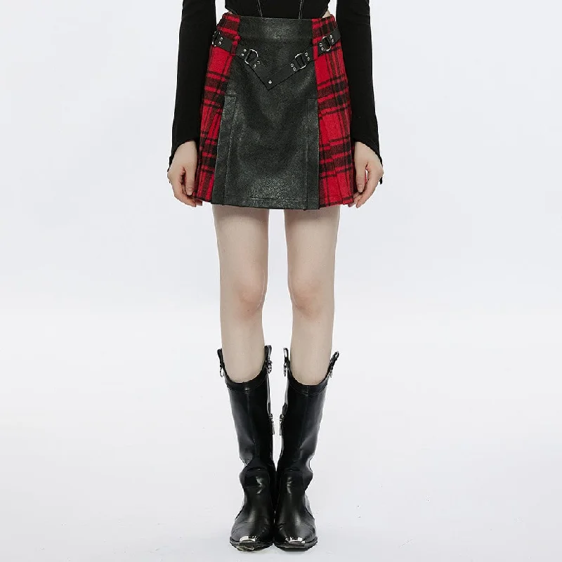 Women's Grunge Faux Leather Splice Plaid Skirt vintage skirt charm