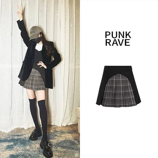 Women's Grunge Plaid Splice Pleated Skirt relaxed fit skirt