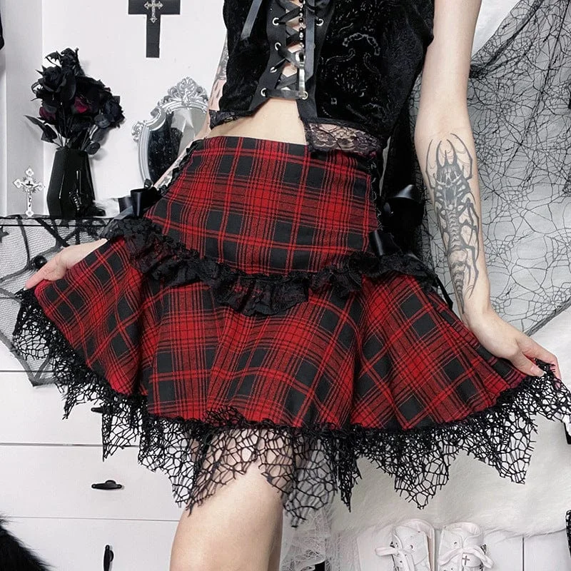 Women's Grunge Ruffled Lace Splice Plaid Skirt velvet skirt sumptuous