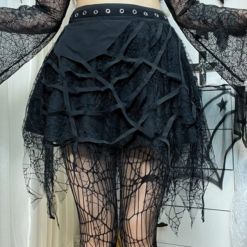 Women's Punk Spider Web Lace Splice Skirt wool skirt warm